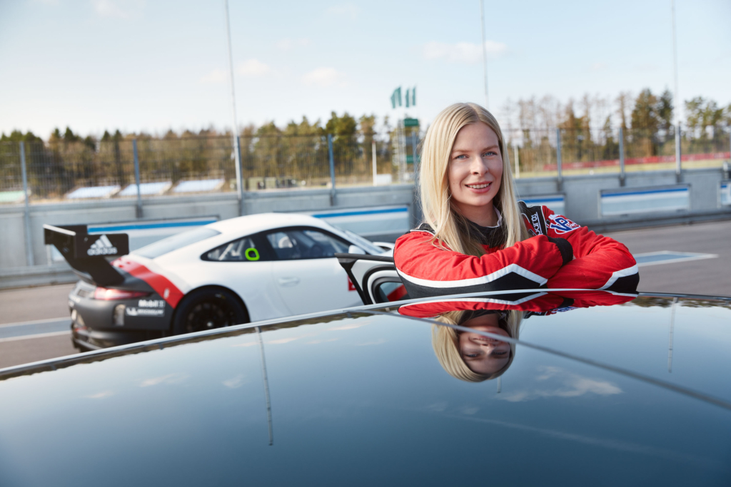 Professional racing driver Christina Nielsen with a Porsche Panamera E-Hybrid in Aarhus