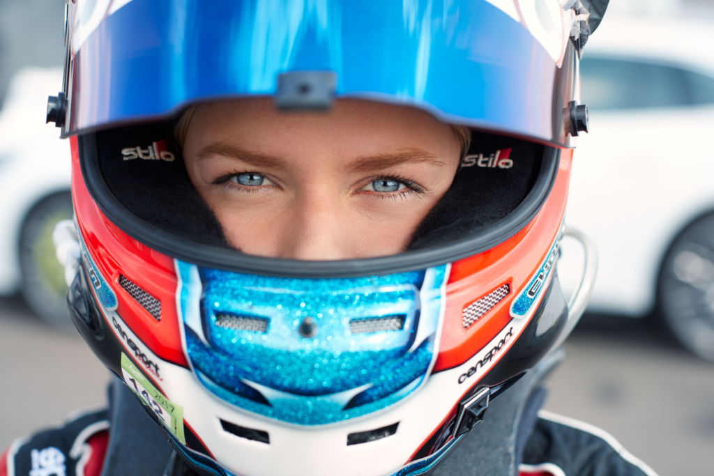Professional racing driver Christina Nielsen with a Porsche Panamera E-Hybrid in Aarhus