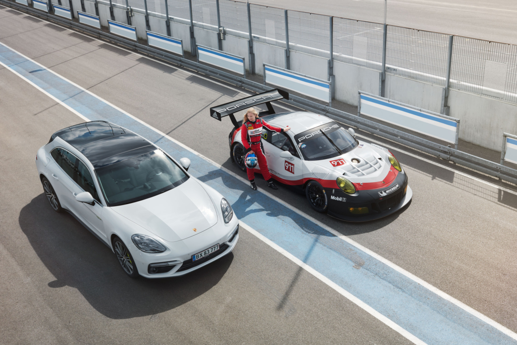 Professional racing driver Christina Nielsen with a Porsche Panamera E-Hybrid in Aarhus
