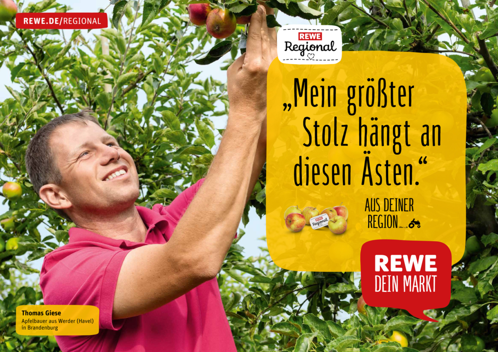 REWE Regional Testimonial Kampagne. Regionale Lieferanten und Landwirte mit ihren Produkten vor Ort, wo die Produkte herkommen