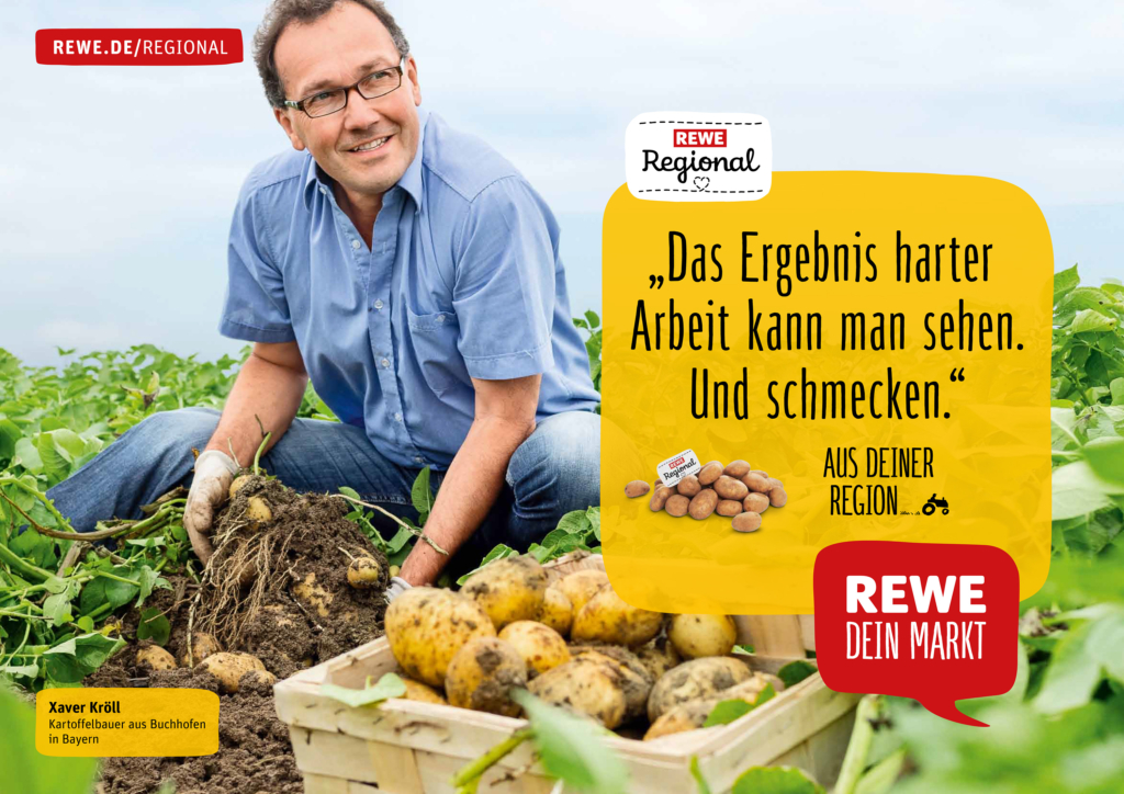 REWE Regional Testimonial Kampagne. Regionale Lieferanten und Landwirte mit ihren Produkten vor Ort, wo die Produkte herkommen