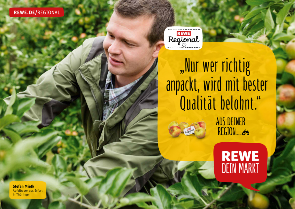 REWE Regional Testimonial Kampagne. Regionale Lieferanten und Landwirte mit ihren Produkten vor Ort, wo die Produkte herkommen