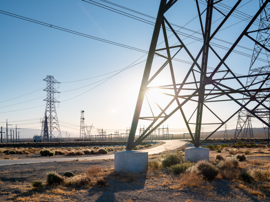Renewable energies: Tranformer station and powerlines in the Mojave Desert, California