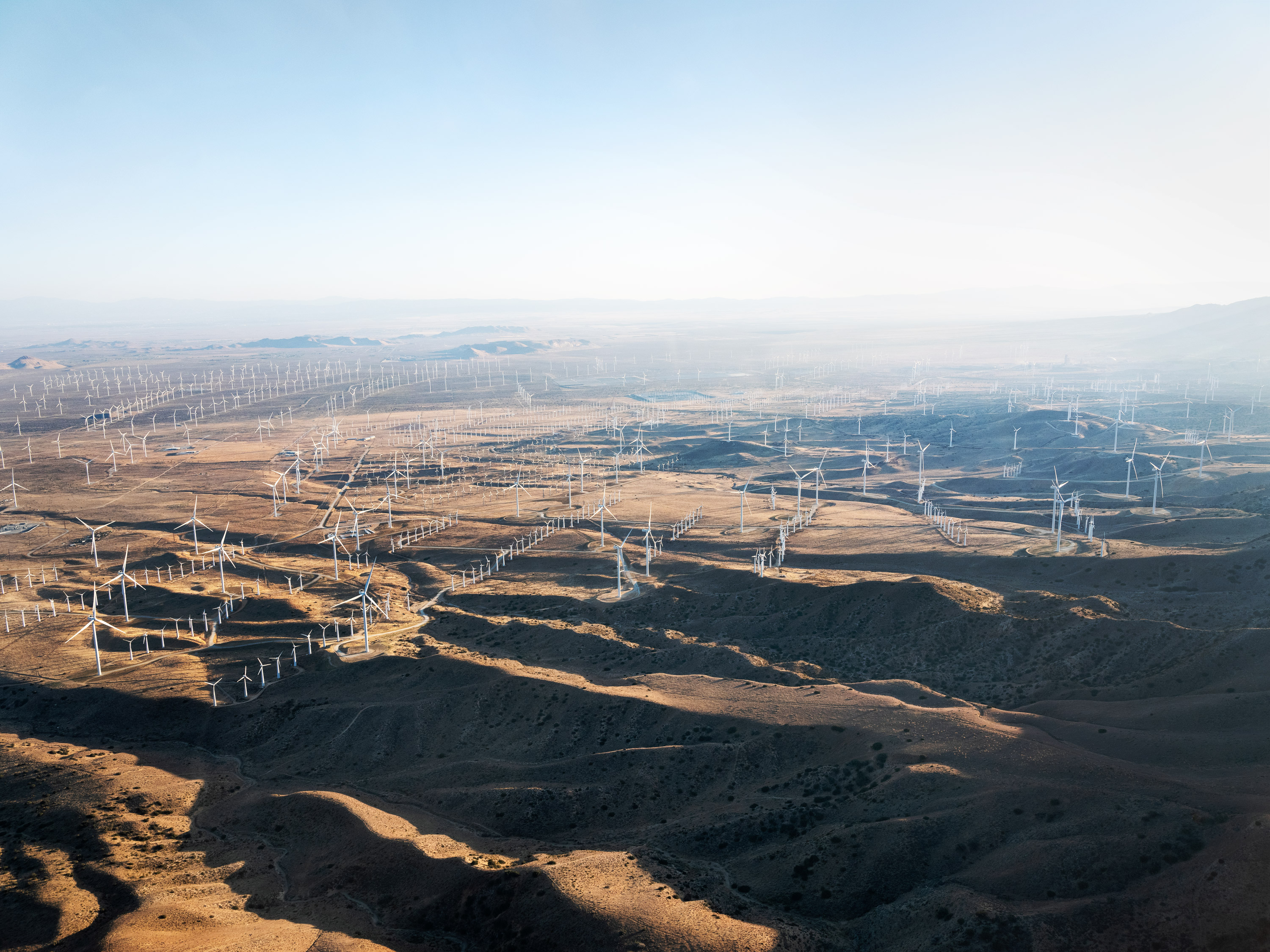 Renewable energies: Aerial view of wind turbines in the Mojave Desert, near Tehachapi, California