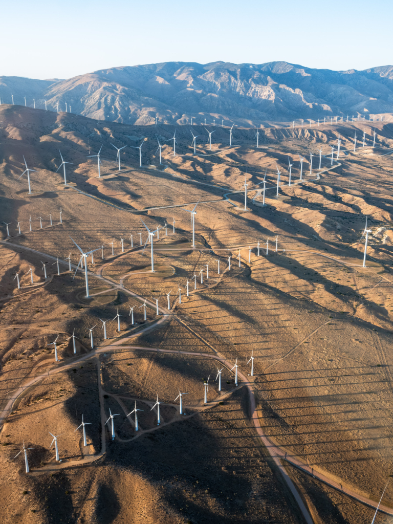 Renewable energies: Aerial view of wind turbines in the Mojave Desert, near Tehachapi, California