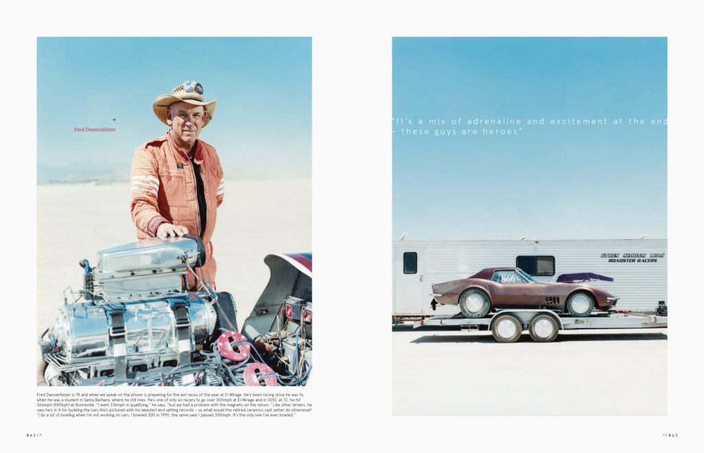 Land Speed Racing on the El Mirage dry lake north of Los Angeles: Portraits of drivers with their racers right after their time trials
