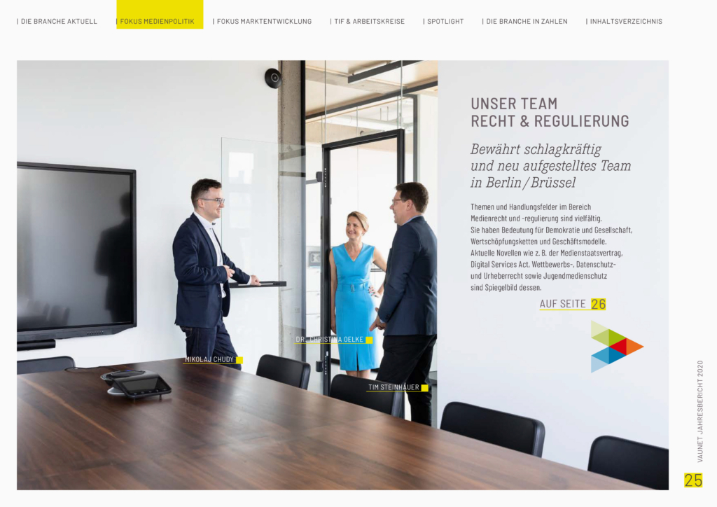 Aufnahmen mit Mitarbeitenden von Vaunet in der Geschäftsstelle Berlin für einen Jahresbericht