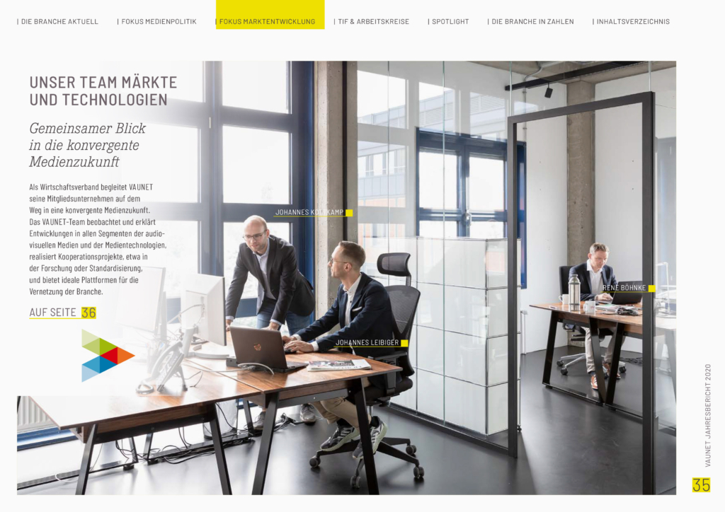 Aufnahmen mit Mitarbeitenden von Vaunet in der Geschäftsstelle Berlin für einen Jahresbericht