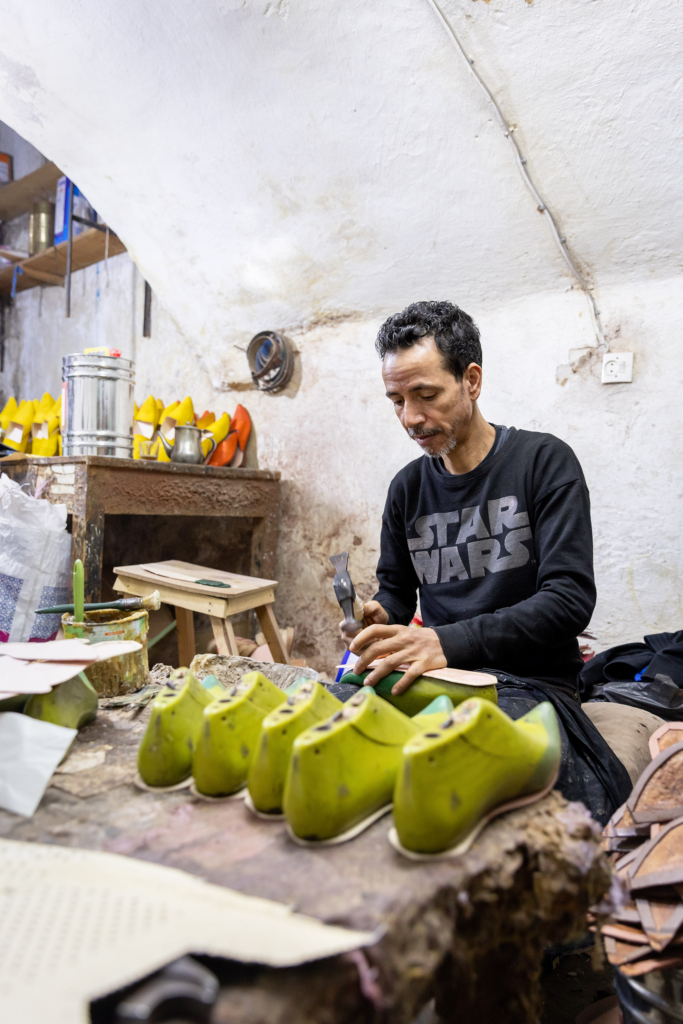 Fez, Morocco, has a long tradition of arts and crafts. I visited and photographed artisans from a variety of fields in their workshops. Leather-work.