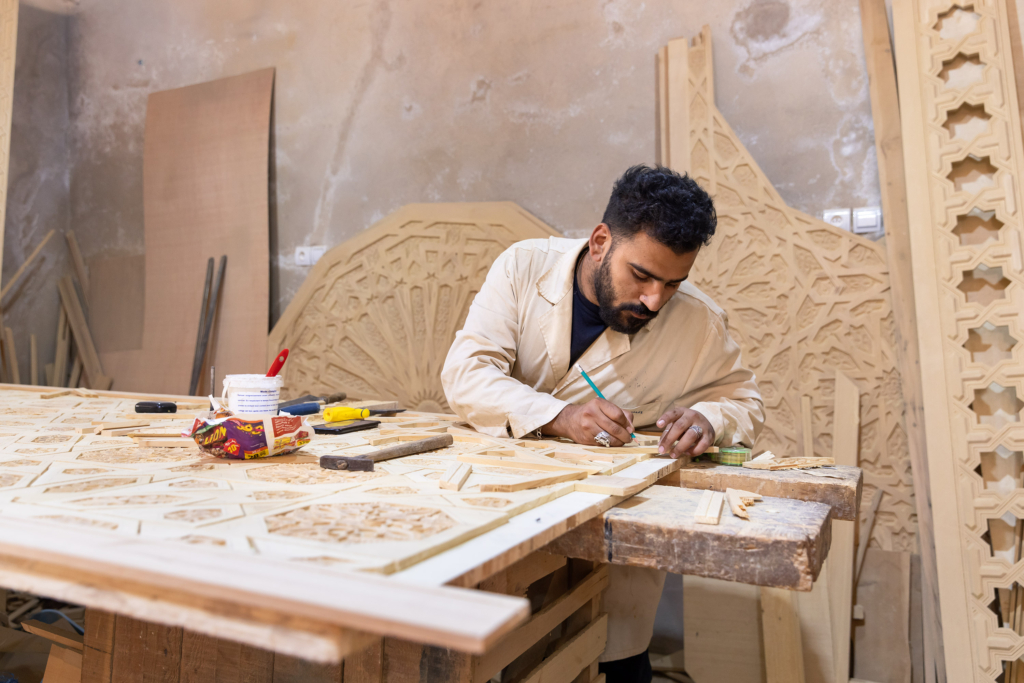 Fez, Morocco, has a long tradition of arts and crafts. I visited and photographed artisans from a variety of fields in their workshops. Wood-work, carving.