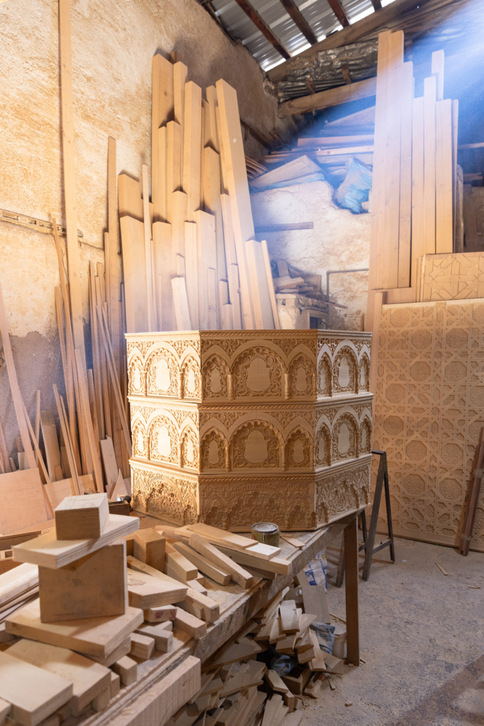 Fez, Morocco, has a long tradition of arts and crafts. I visited and photographed artisans from a variety of fields in their workshops. Wood-work, carving.
